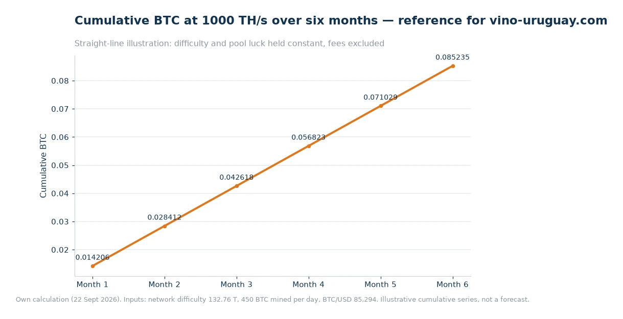 Line chart of cumulative BTC at 1000 TH/s over six months, stepping up in even monthly increments to 0.085235 BTC